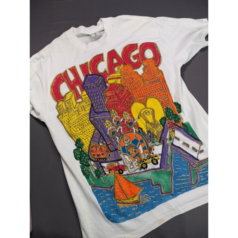 Chicago Skyline Hand Painted Vintage 80s Puff Print T-Shirt White KWBL‎ One Size